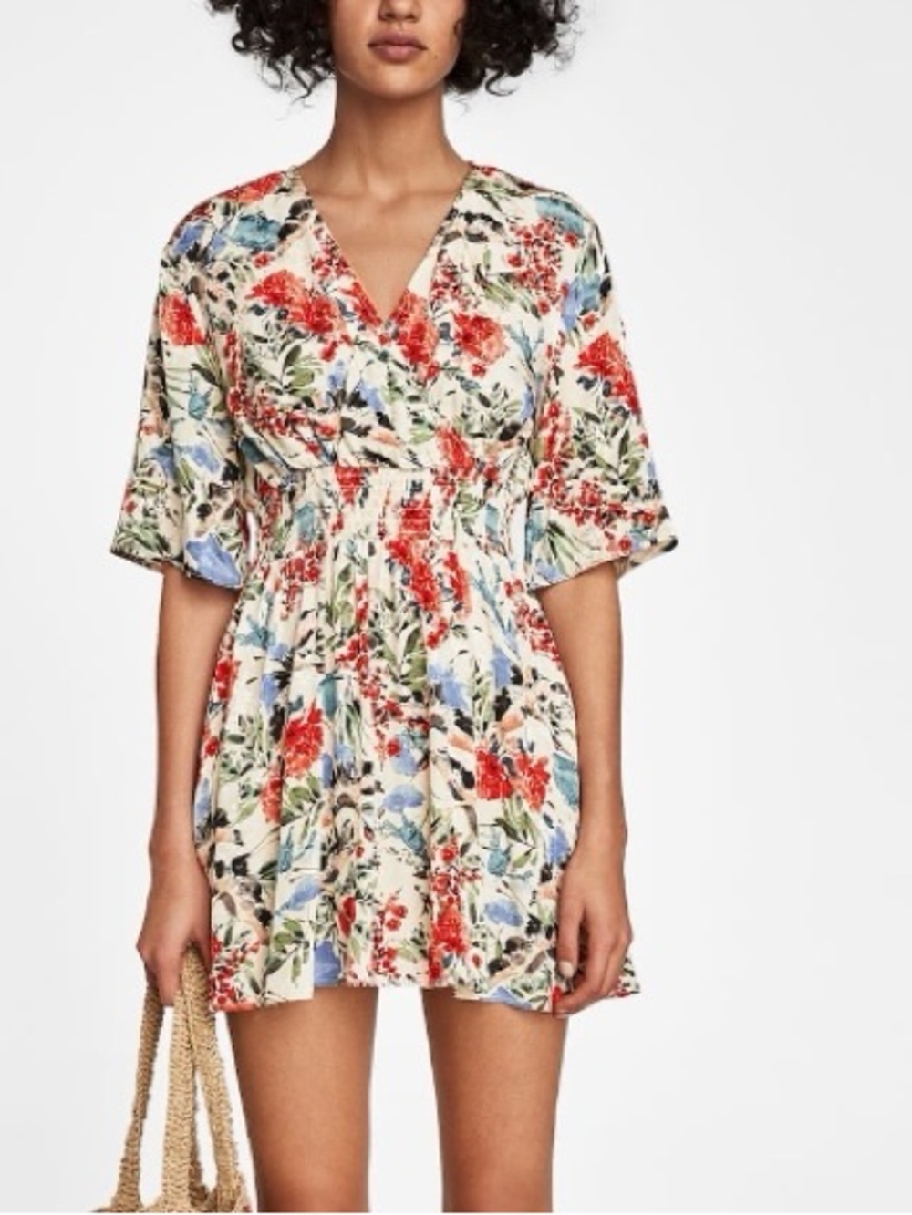 Zara Floral V-Neck Mini Dress in Cream with Red & Blue Print